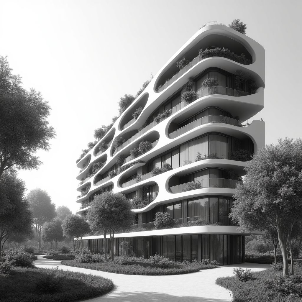 Edificio de apartamentos moderno y sostenible en un entorno urbano.