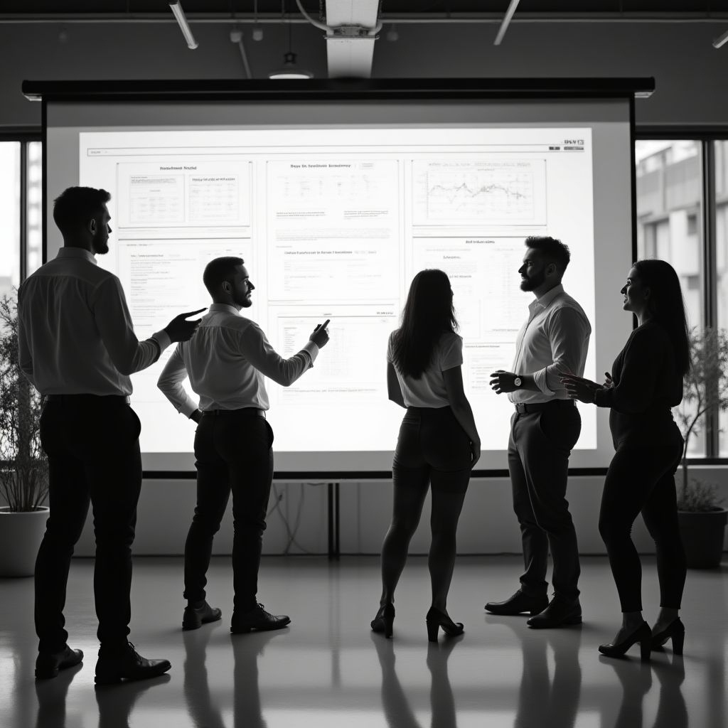 Equipo de InvertiPro colaborando frente a una pizarra con gráficos y datos.