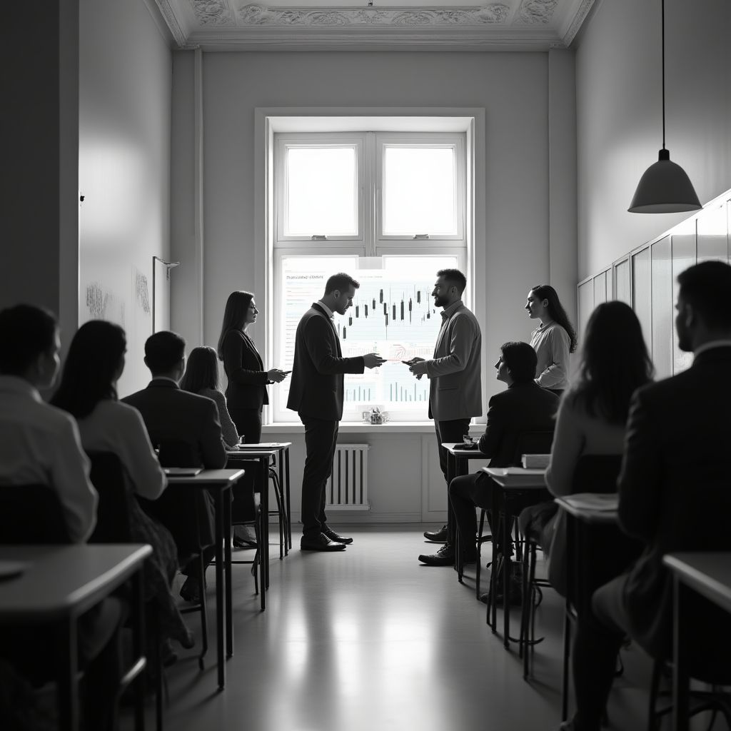 Equipo de expertos financieros discutiendo estrategias de inversión en una oficina moderna.